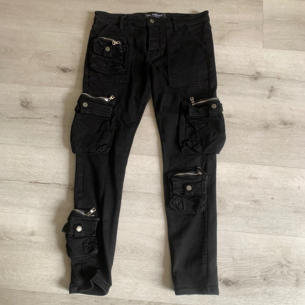 Valabasas Black Multi Pocket Cargo Jeans Mens Size 34 Skinny Fit Utility Pants